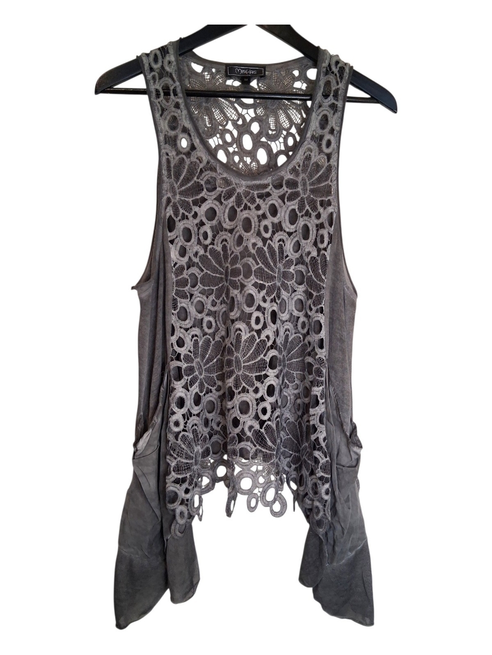 Minkas Grey Floral Lace Asymmetric Hem Tank Top Size Medium